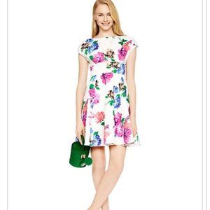 kate spade White Floral Fit-and-Flare Dress with Pink, Purple and Green Accents